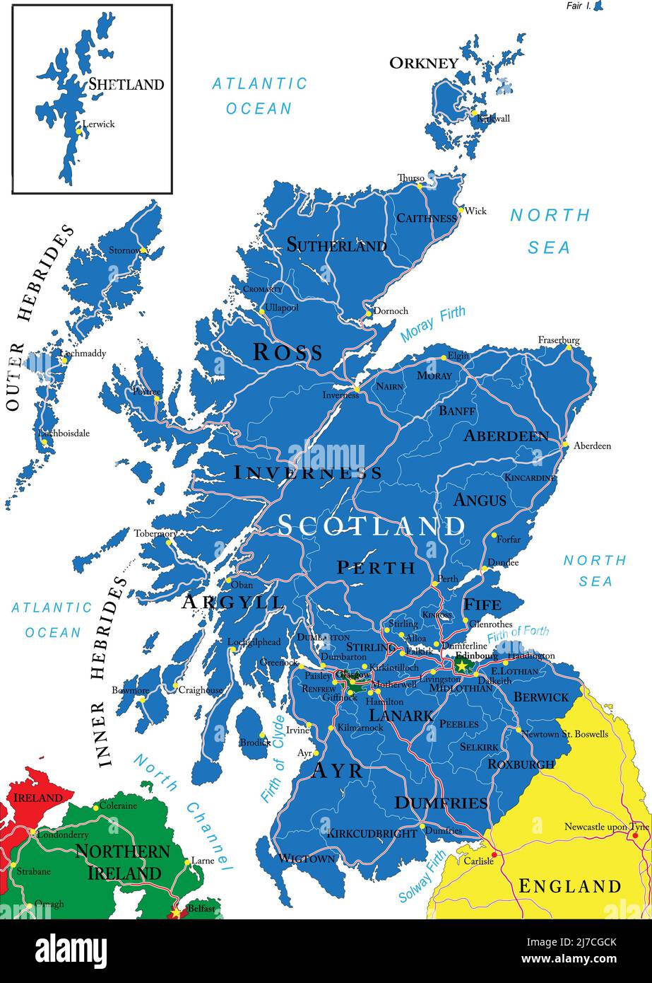 Mappa vettoriale molto dettagliata della Scozia con regioni amministrative, città principali e strade. Illustrazione Vettoriale