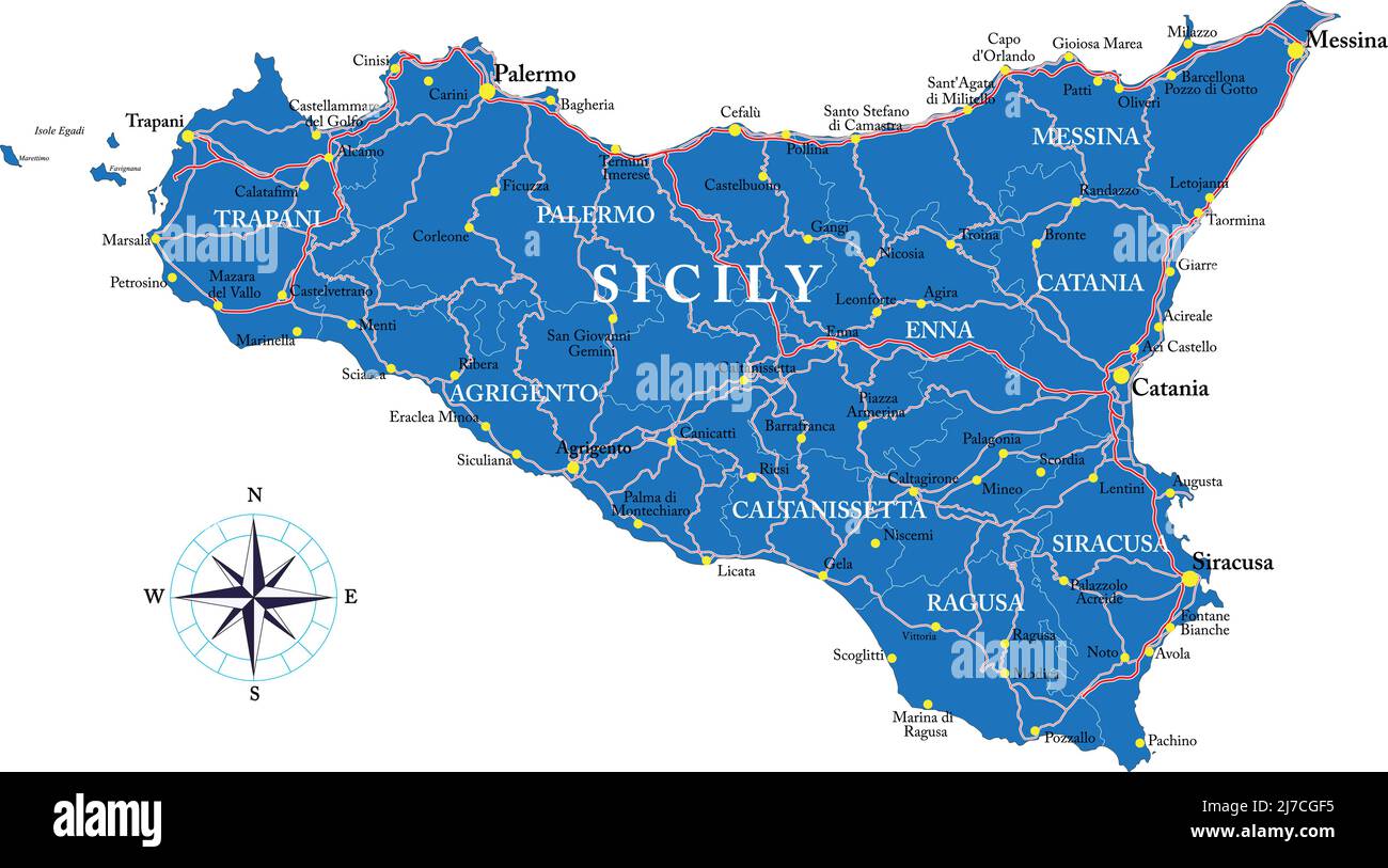 Mappa vettoriale molto dettagliata della Sicilia con regioni amministrative, principali città e strade. Illustrazione Vettoriale