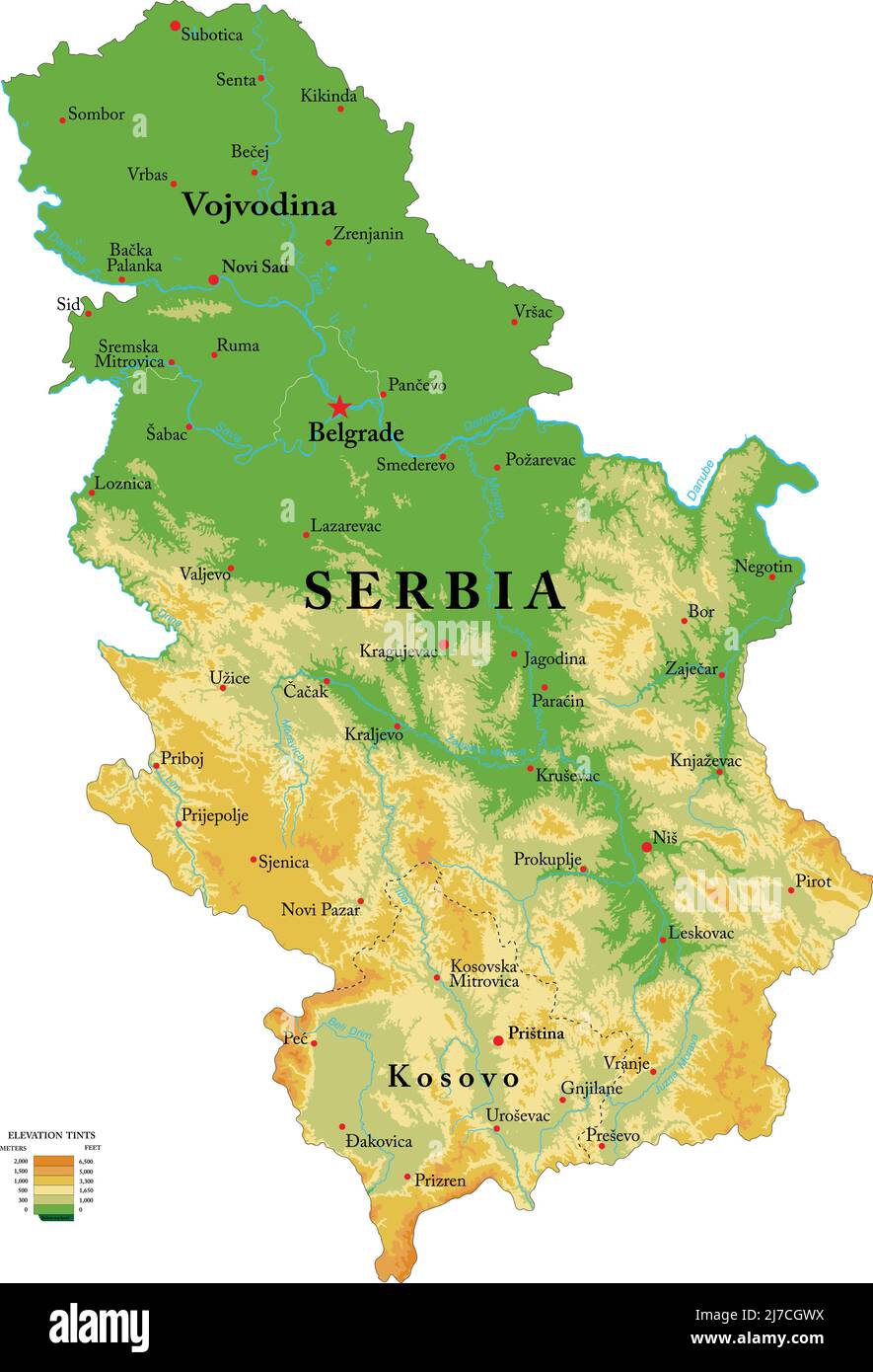 Mappa fisica molto dettagliata della Serbia, in formato vettoriale, con tutte le forme di rilievo, regioni e grandi città. Illustrazione Vettoriale