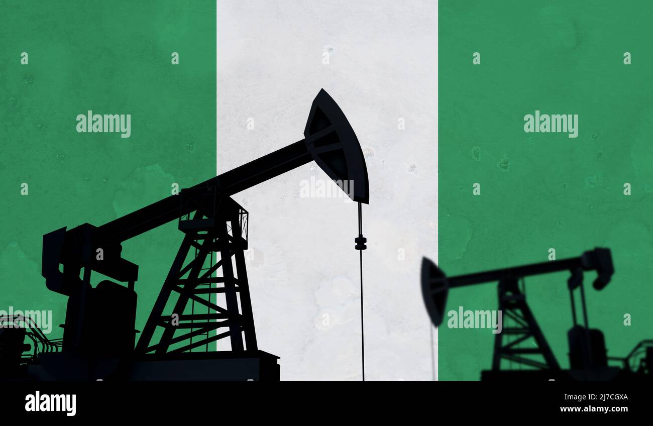 Background dell'industria petrolifera e del gas. Sagoma della pompa dell'olio contro la bandiera della nigeria. 3D rendering Foto Stock