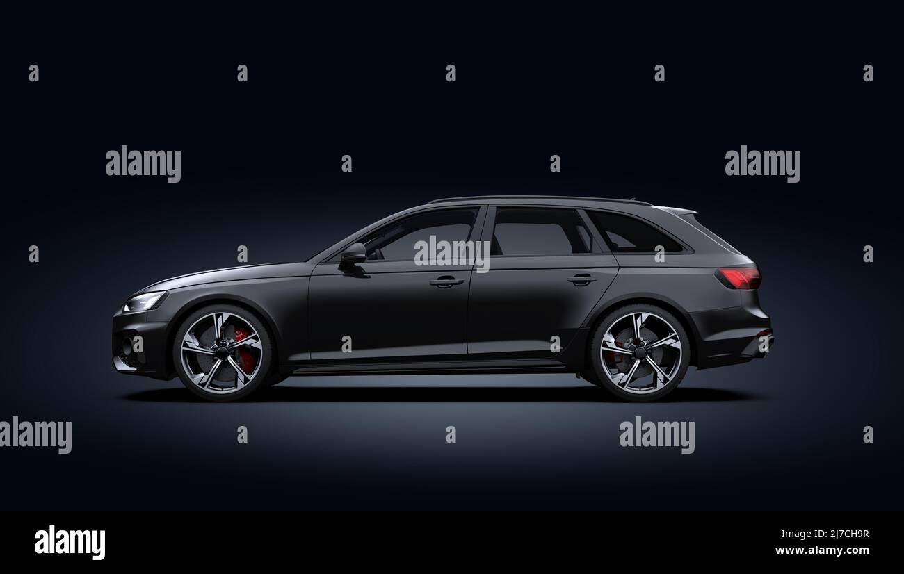 Auto non brandizzata nera sportiva generica su sfondo scuro: Illustrazione 3D Foto Stock