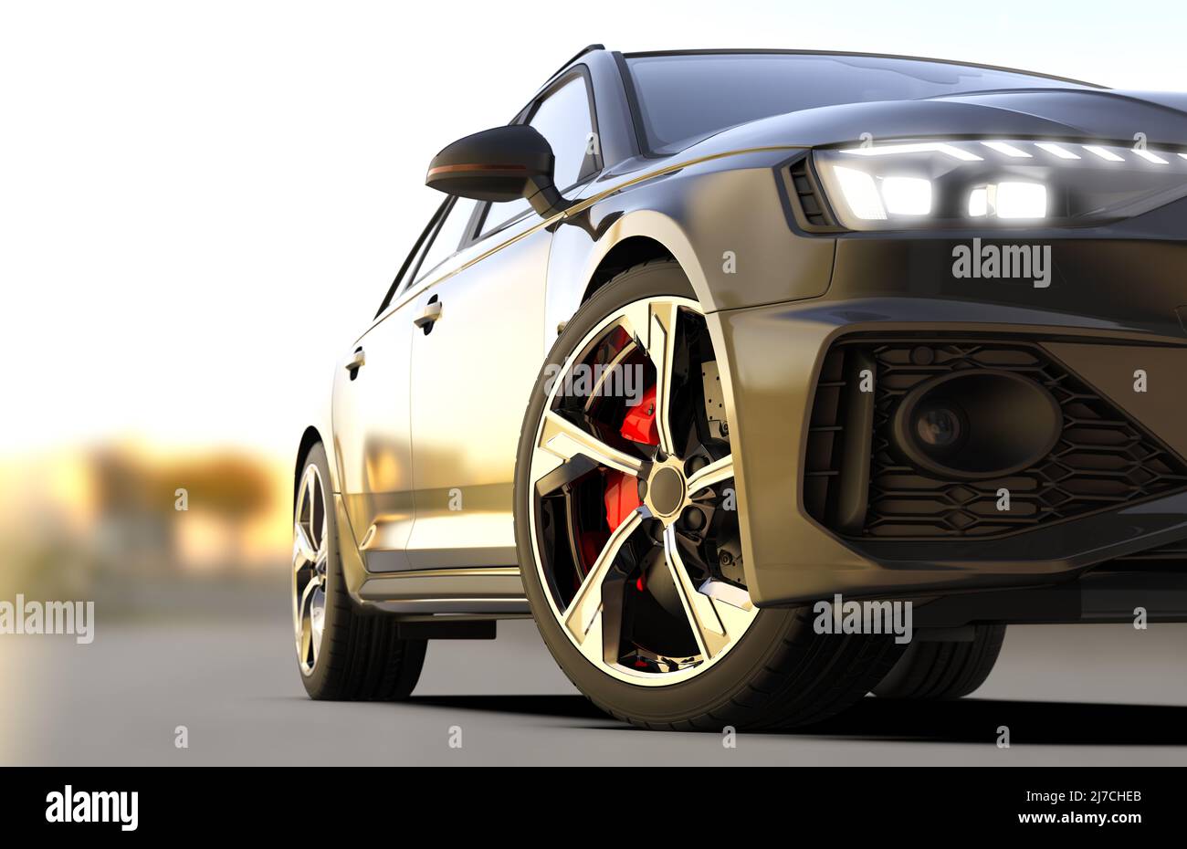 Auto non brandizzata nera sportiva generica in spazi esterni: Illustrazione 3D Foto Stock