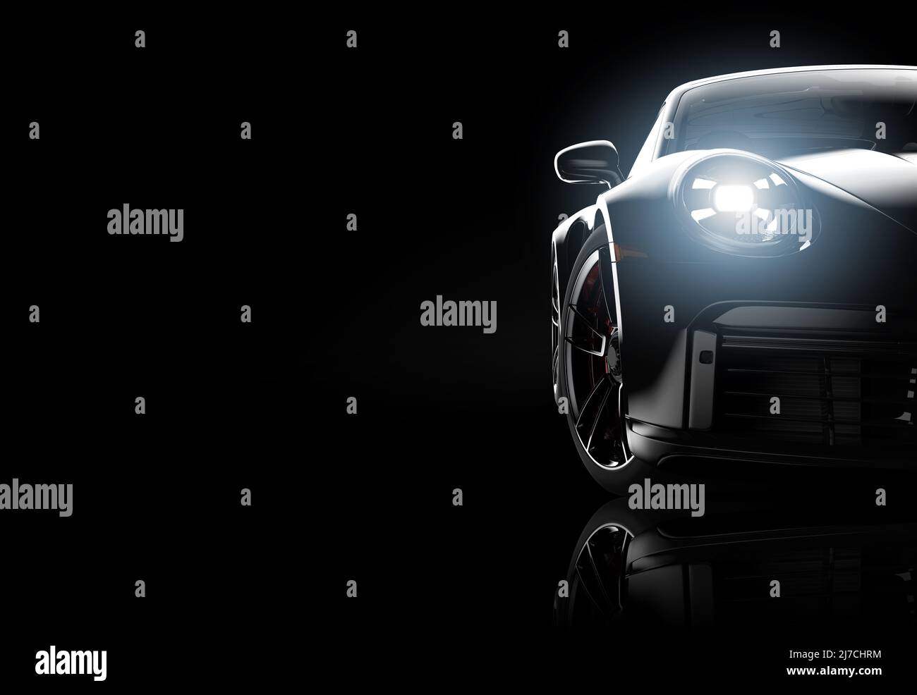 Auto sportiva generica nera senza marchio isolata su sfondo scuro: Illustrazione 3D Foto Stock