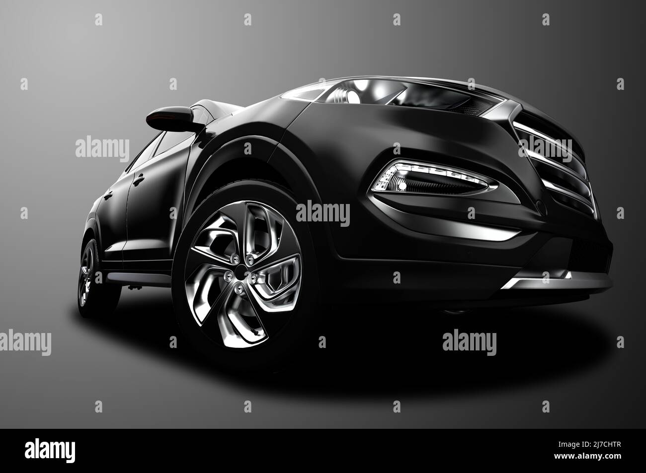 Auto sportiva generica nera senza marchio isolata su sfondo grigio: Illustrazione 3D Foto Stock