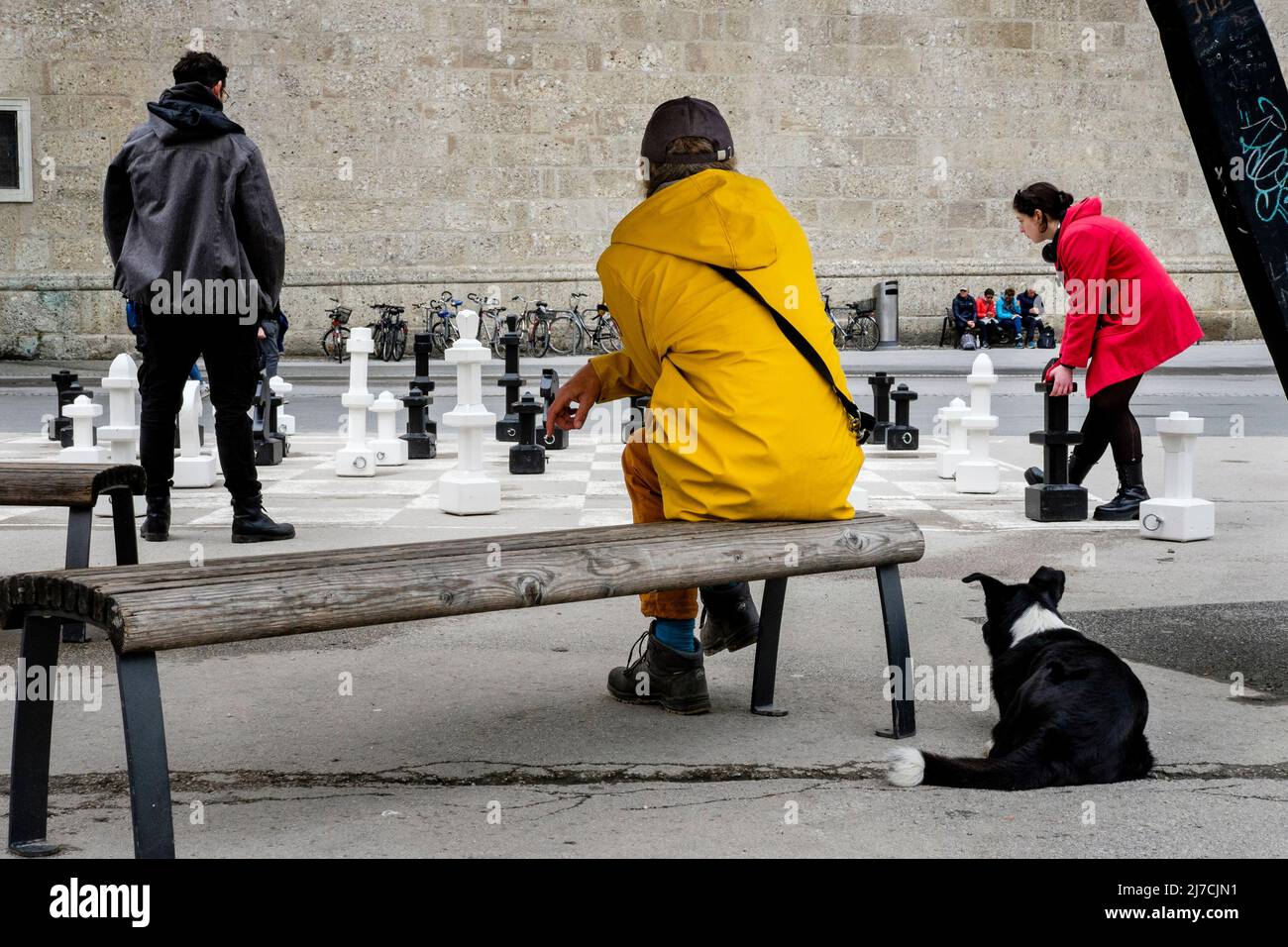 Un uomo e il suo cane guardano una partita di scacchi giganti a Kapitelplatz, Salisburgo, Austria. Foto Stock