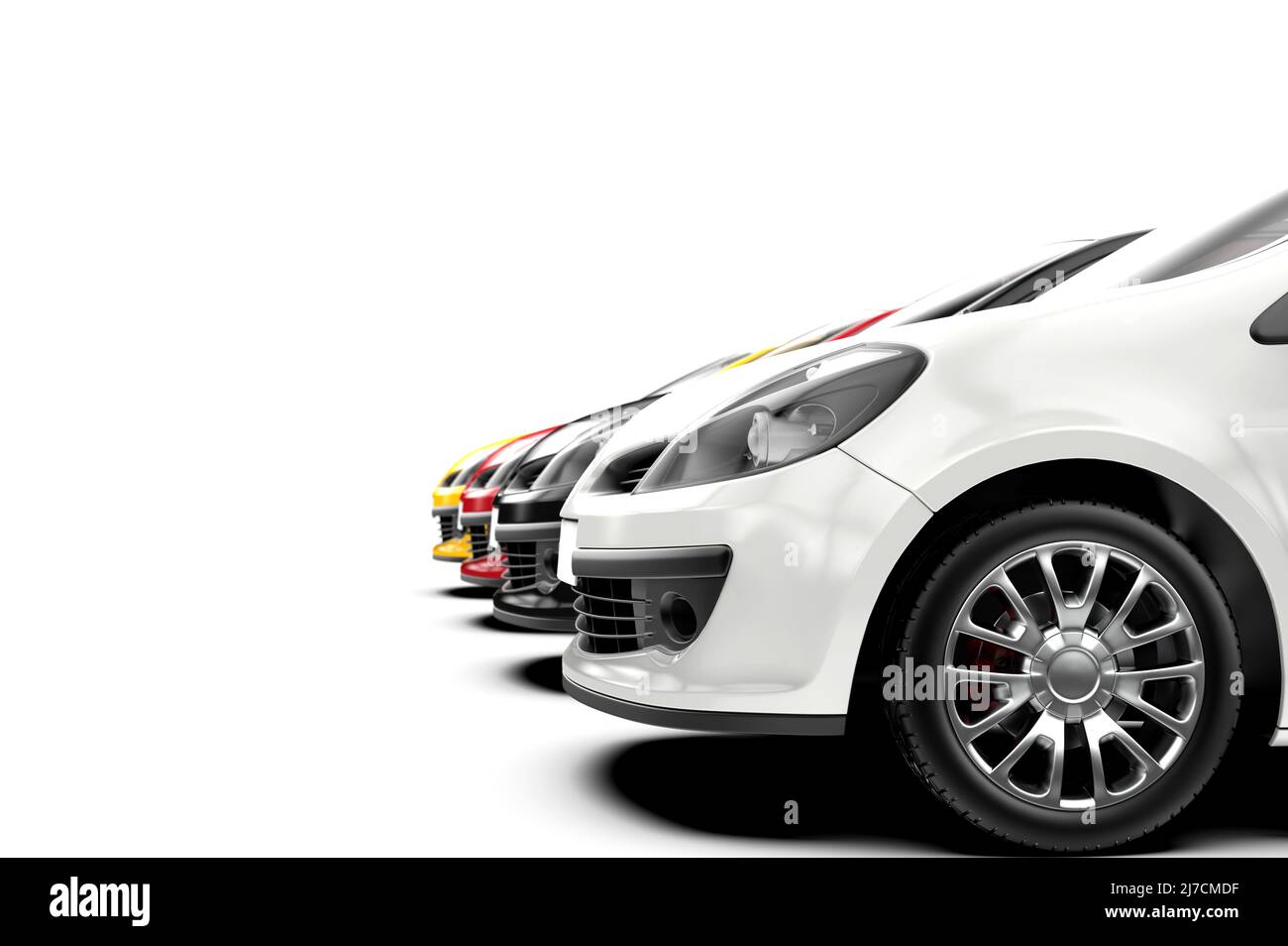 Auto da città generica e senza marchio in fila isolata su sfondo bianco: Illustrazione 3D Foto Stock