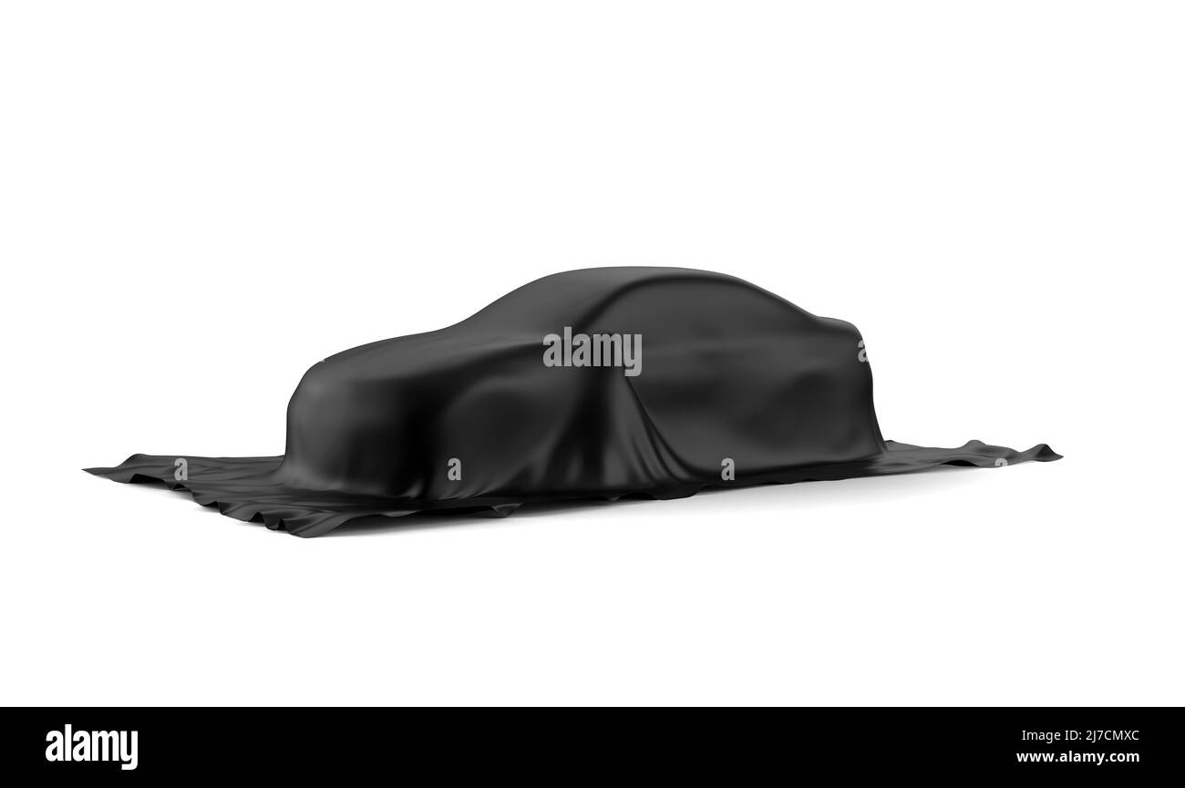 Auto coperta con un panno nero isolato su sfondo bianco: Illustrazione 3D Foto Stock