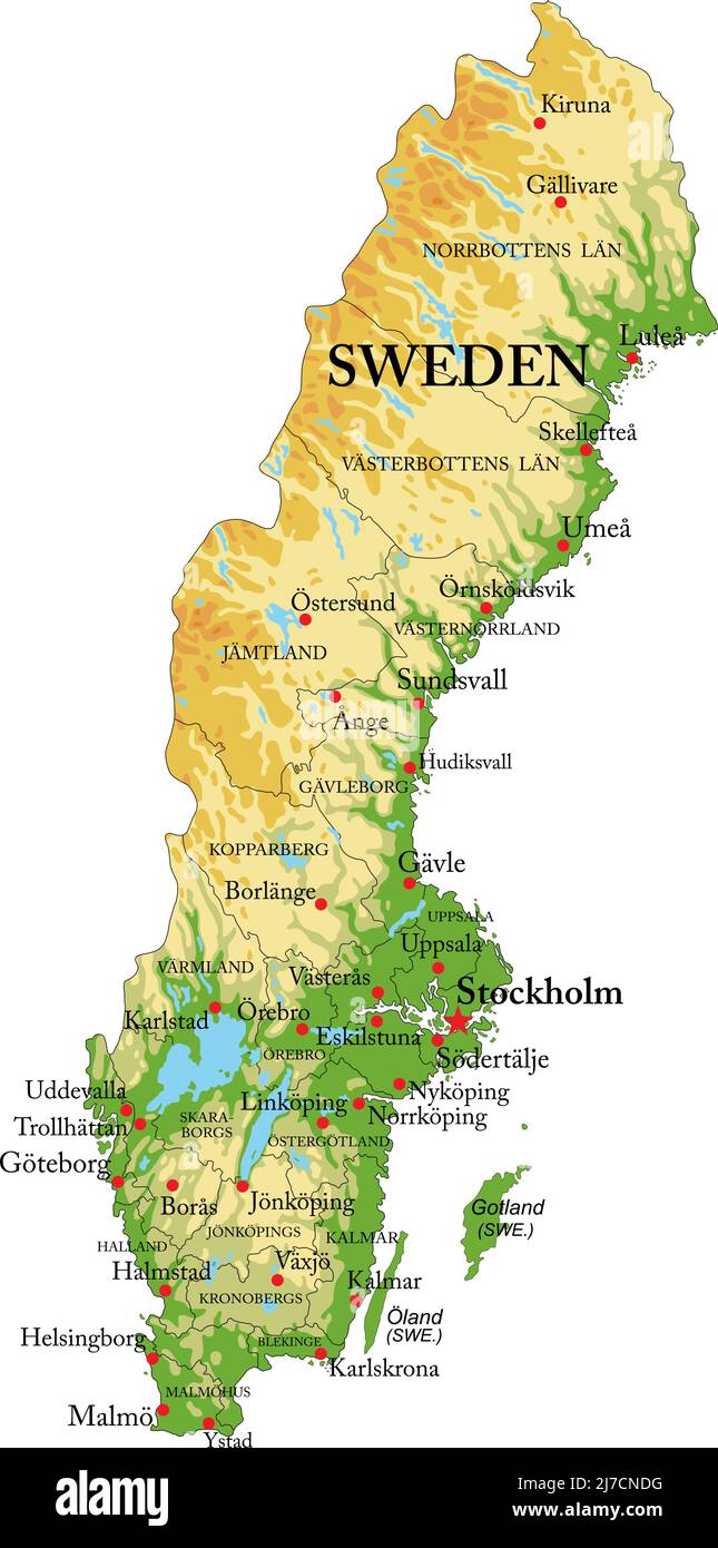 Mappa fisica molto dettagliata della Svezia, in formato vettoriale, con tutte le forme di rilievo, regioni e grandi città. Illustrazione Vettoriale