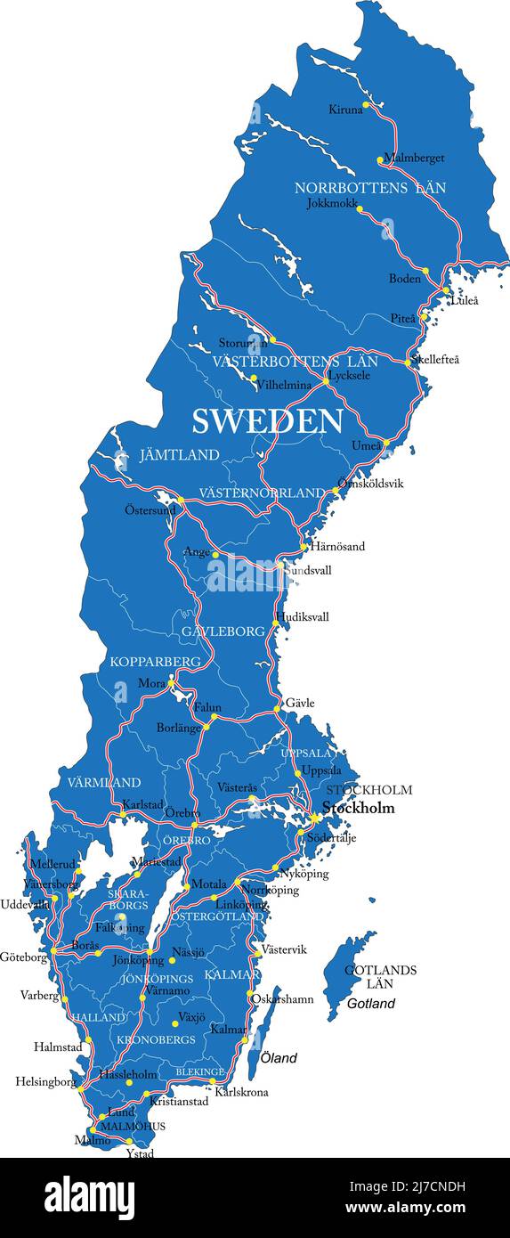 Mappa vettoriale molto dettagliata della Svezia con regioni amministrative, principali città e strade. Illustrazione Vettoriale