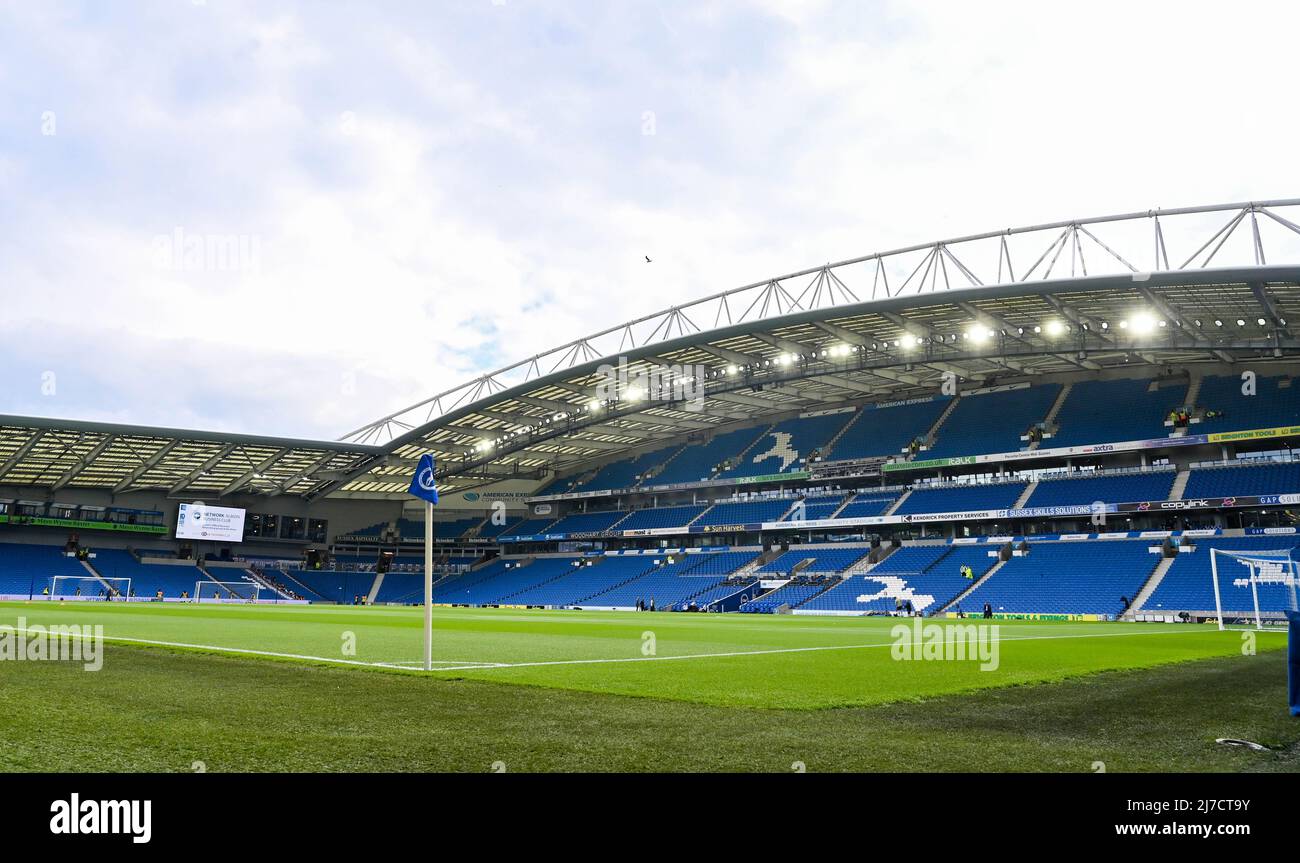 L'Amex Stadium prima della partita della Premier League tra Brighton e Hove Albion e Manchester United all'American Express Stadium , Brighton , Regno Unito - 7th maggio 2022 solo per uso editoriale. Nessun merchandising. Per le immagini Football si applicano restrizioni fa e Premier League inc. Nessun utilizzo di Internet/cellulare senza licenza FAPL - per i dettagli contattare Football Dataco Foto Stock