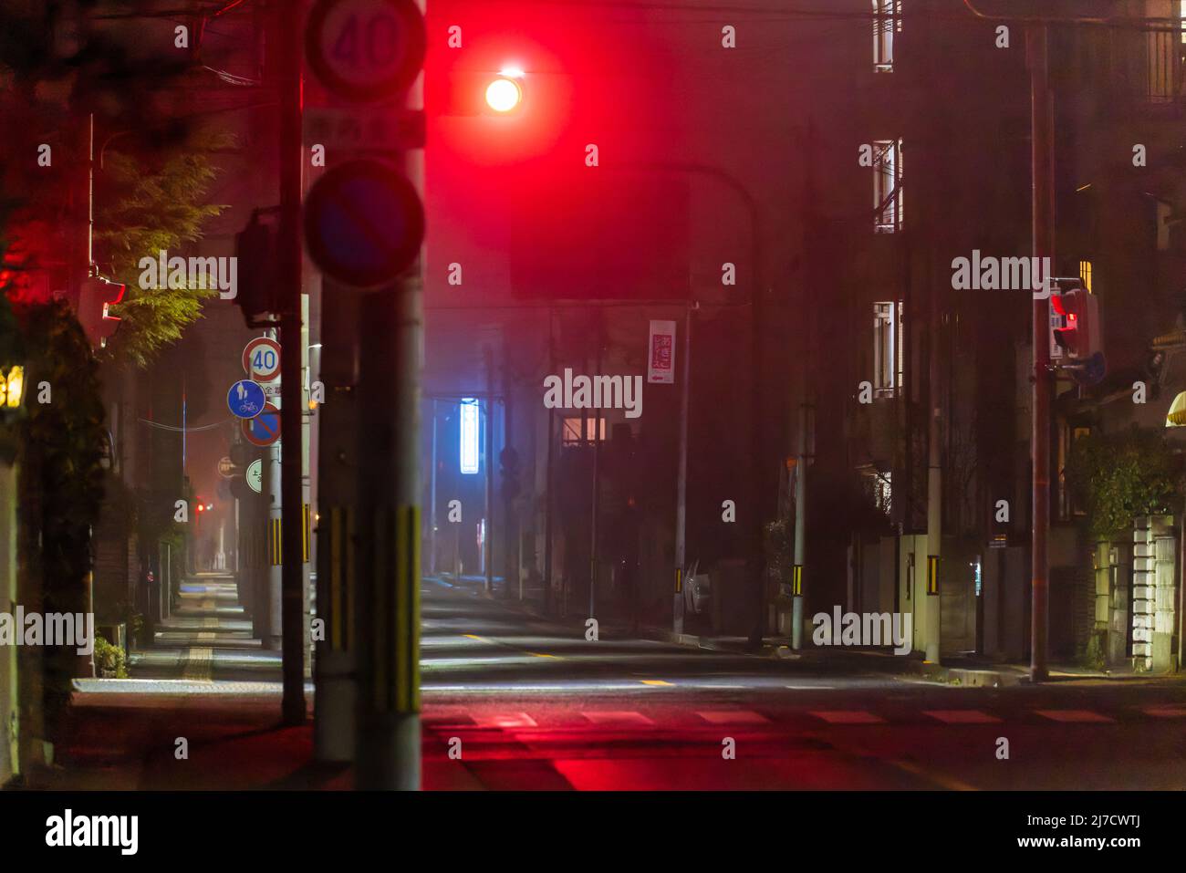 Semaforo rosso in nebbia su incrocio vuoto e marciapiede di notte Foto Stock