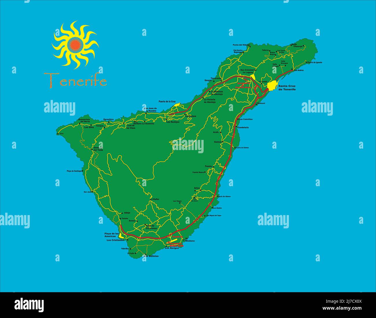 Mappa dell'isola di Tenerife con città e strade principali Illustrazione Vettoriale