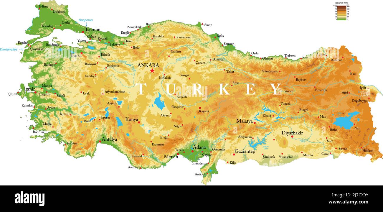 Mappa fisica molto dettagliata della Turchia, in formato vettoriale, con tutte le forme di rilievo, regioni e grandi città. Illustrazione Vettoriale