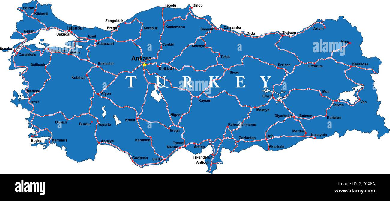 Mappa molto dettagliata della Turchia con le principali città e strade. Illustrazione Vettoriale