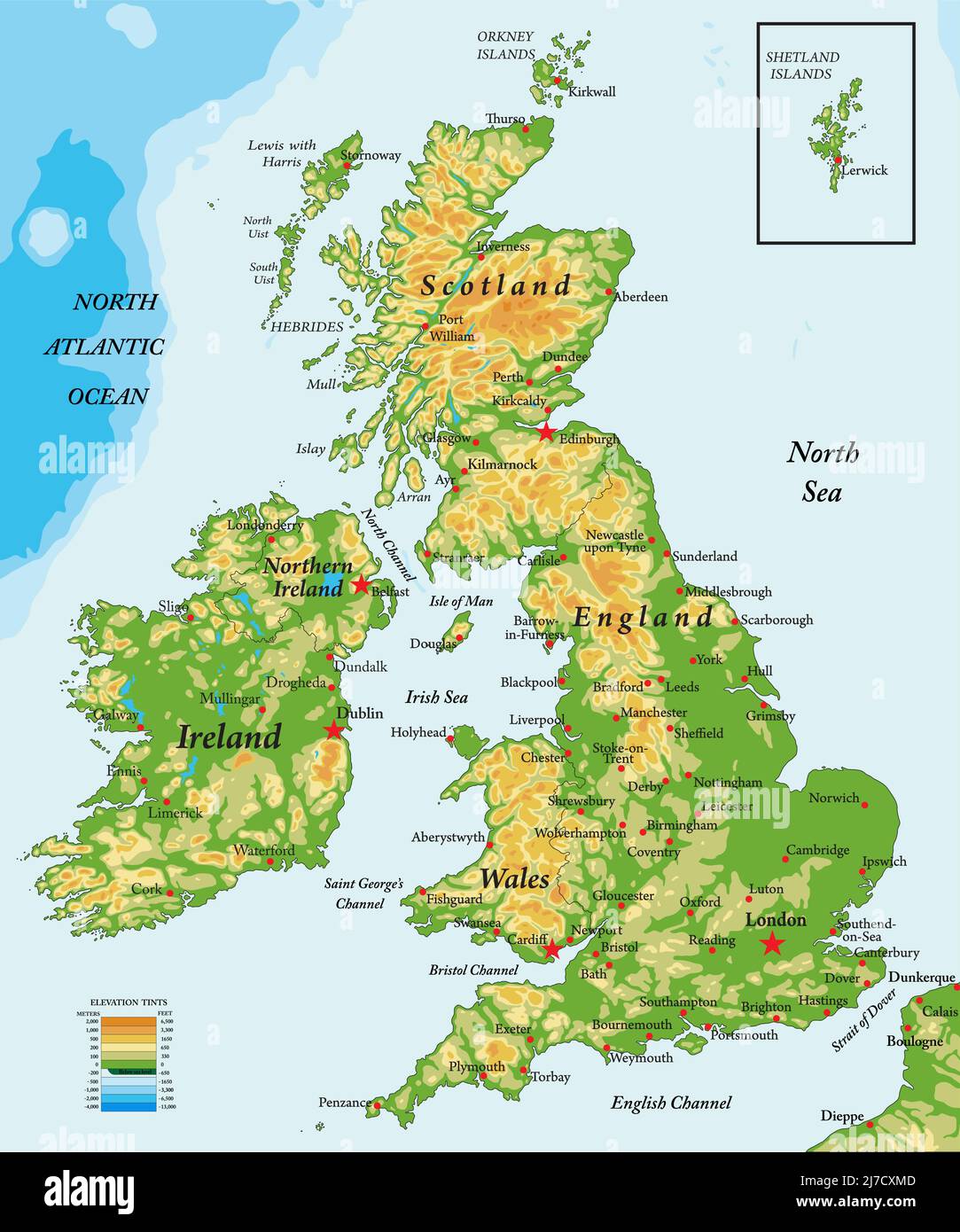 Mappa fisica molto dettagliata di Regno Unito e Irlanda, in formato vettoriale, con tutte le forme di rilievo, stati e grandi città. Illustrazione Vettoriale