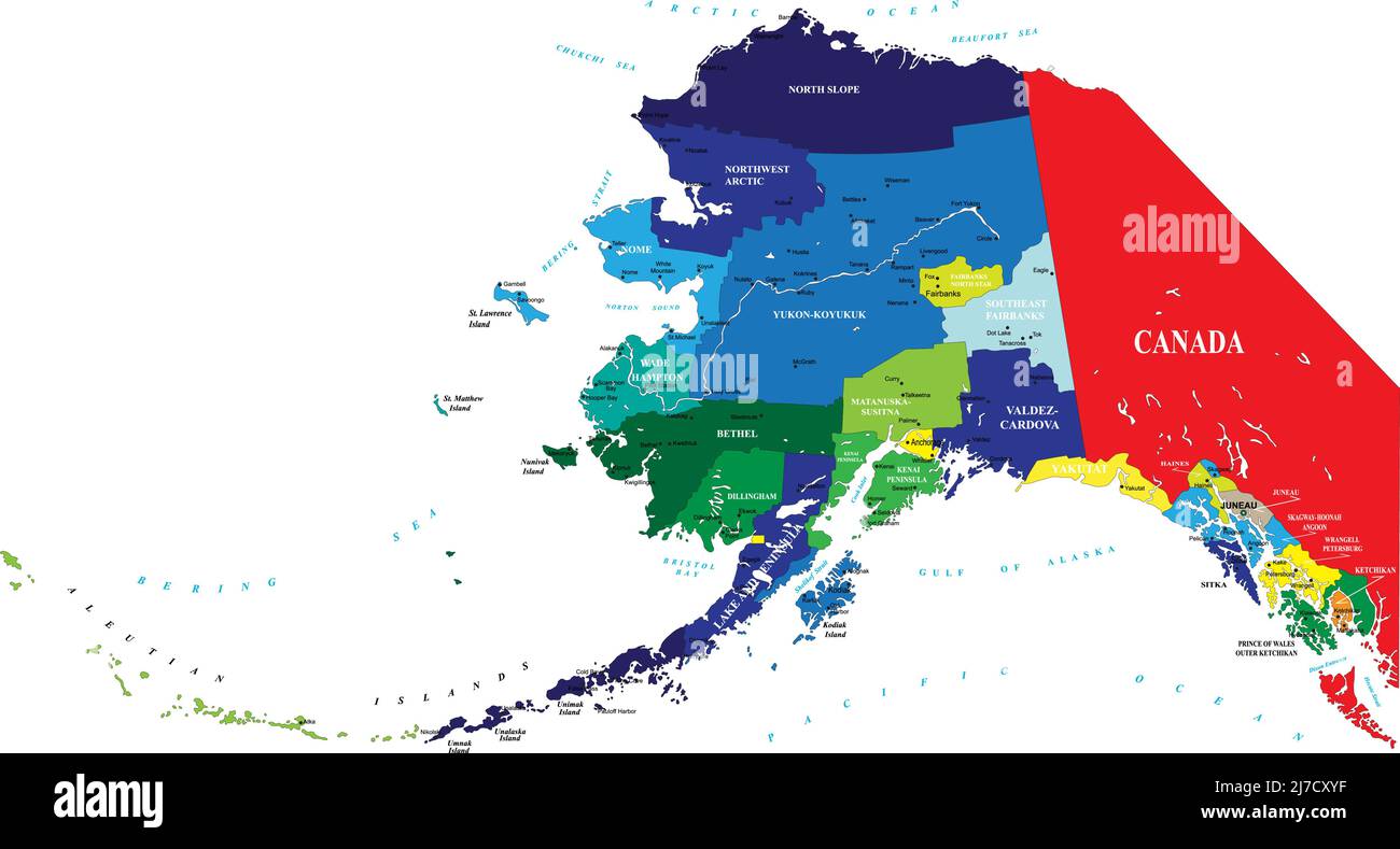 Mappa vettoriale molto dettagliata dell'Alaska con divisione amministrativa e principali città. Illustrazione Vettoriale