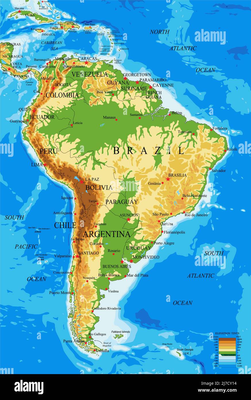 Mappa fisica molto dettagliata del Sud America, in formato vettoriale, con tutte le forme di rilievo, paesi e grandi città. Illustrazione Vettoriale