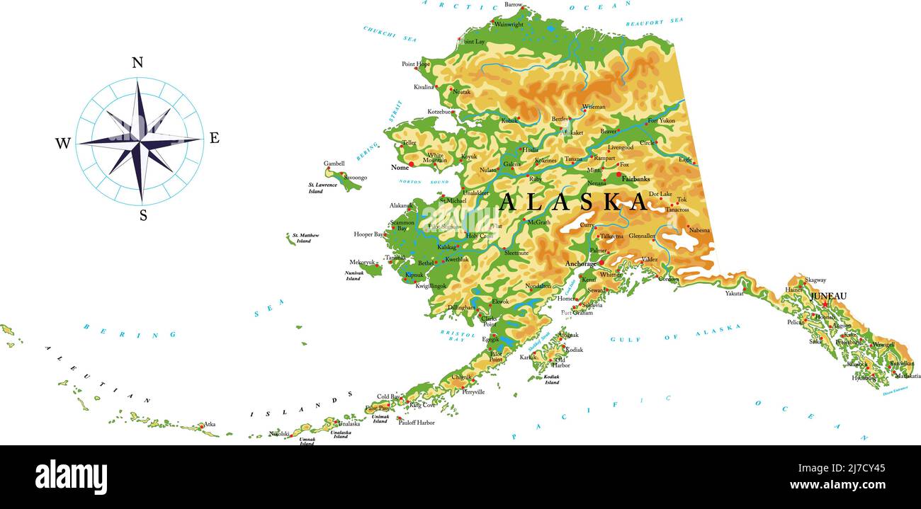 Mappa fisica altamente dettagliata di Alaska, in formato vettoriale, con tutte le forme di rilievo, regioni e grandi città. Illustrazione Vettoriale