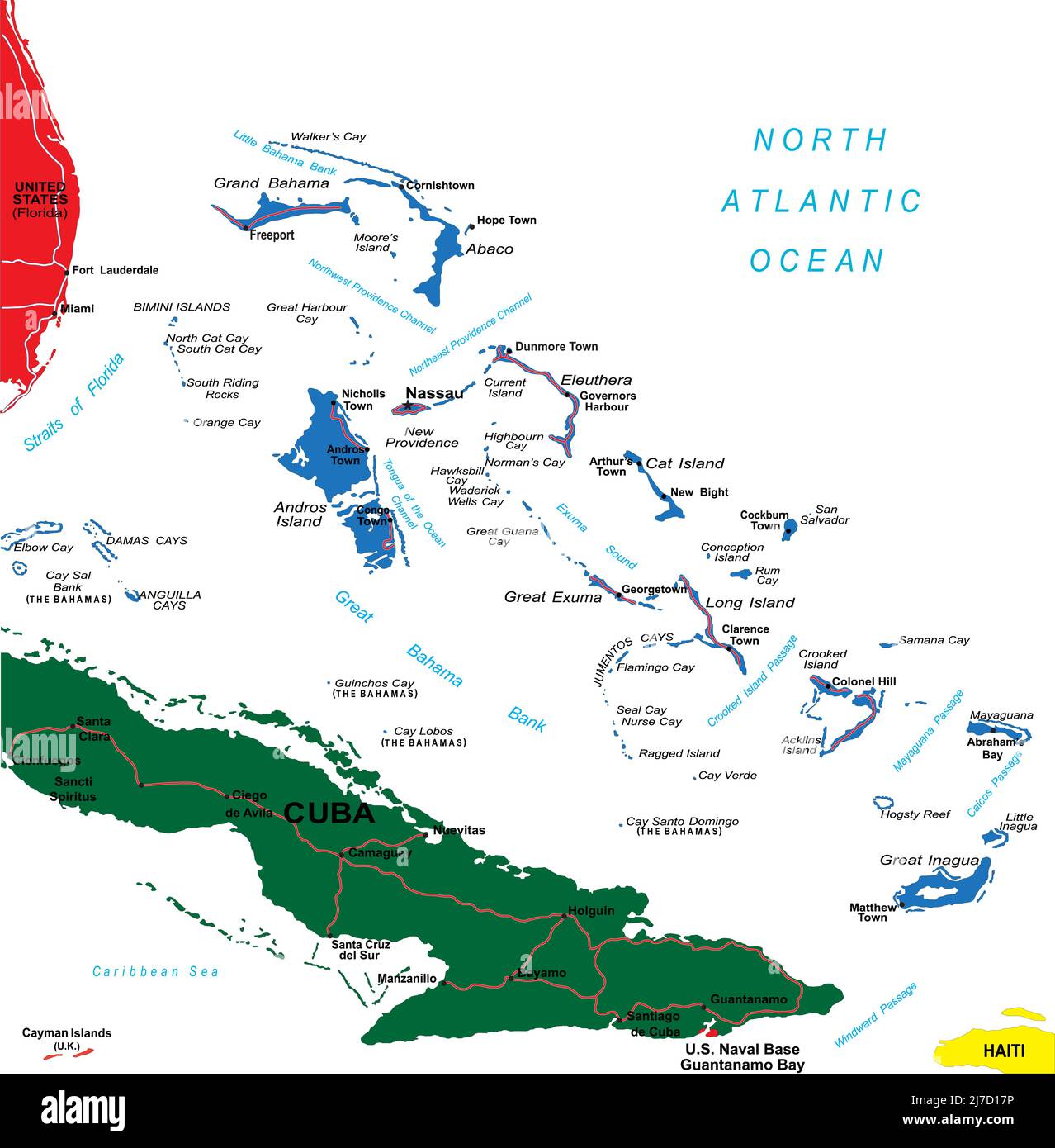 Mappa vettoriale dettagliata delle Bahamas con confini di paese, nomi di contea, strade principali e una silhouette di stato molto dettagliata. Illustrazione Vettoriale