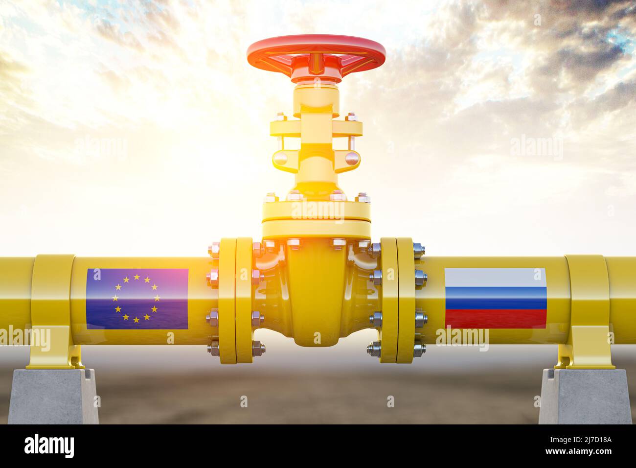 Valvola per oleodotti o gasdotti Unione europea e Russia. Critico energetico del petrolio e del gas. 3d illustrazione Foto Stock