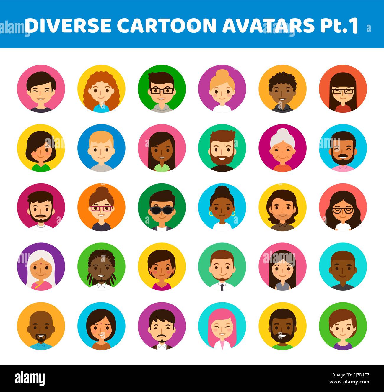 Set di 30 avatar rotondi diversi su cerchi colorati. Diverse etnie, età e stili dei capelli. Carino e semplice stile cartoon piatto. Illustrazione Vettoriale