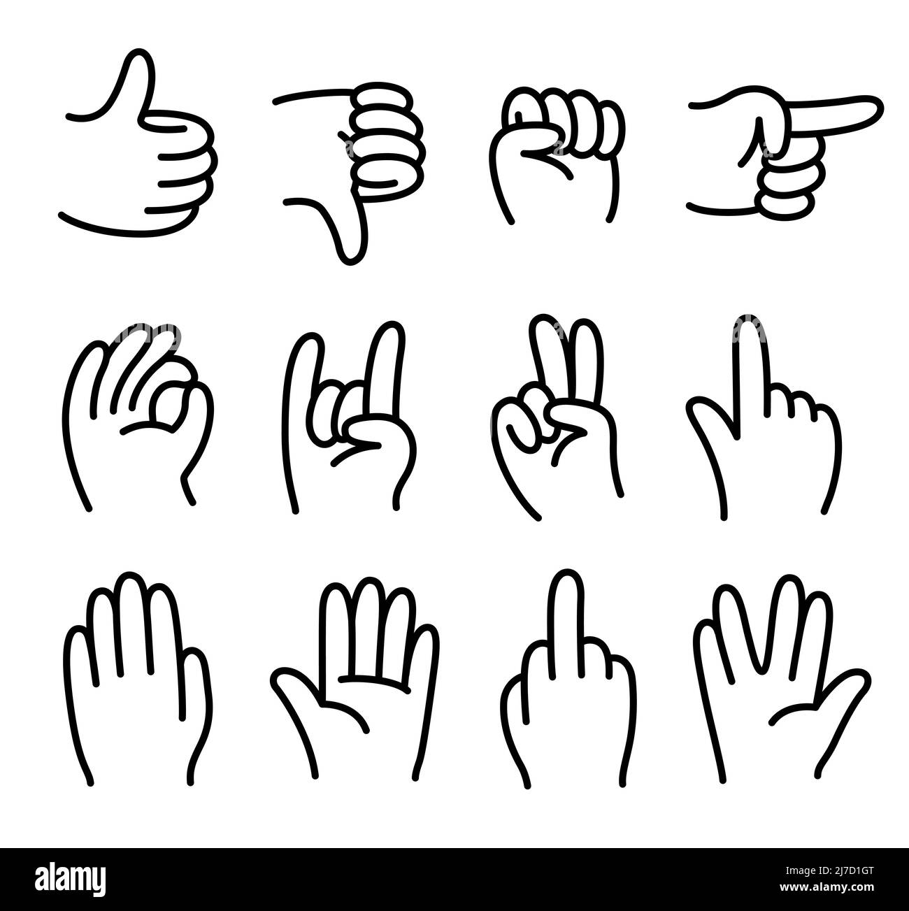 Set di gesti delle mani dei cartoni animati. Semplici icone di stile fumetto disegnate a mano. Disegno a linee in bianco e nero, illustrazione vettoriale. Illustrazione Vettoriale