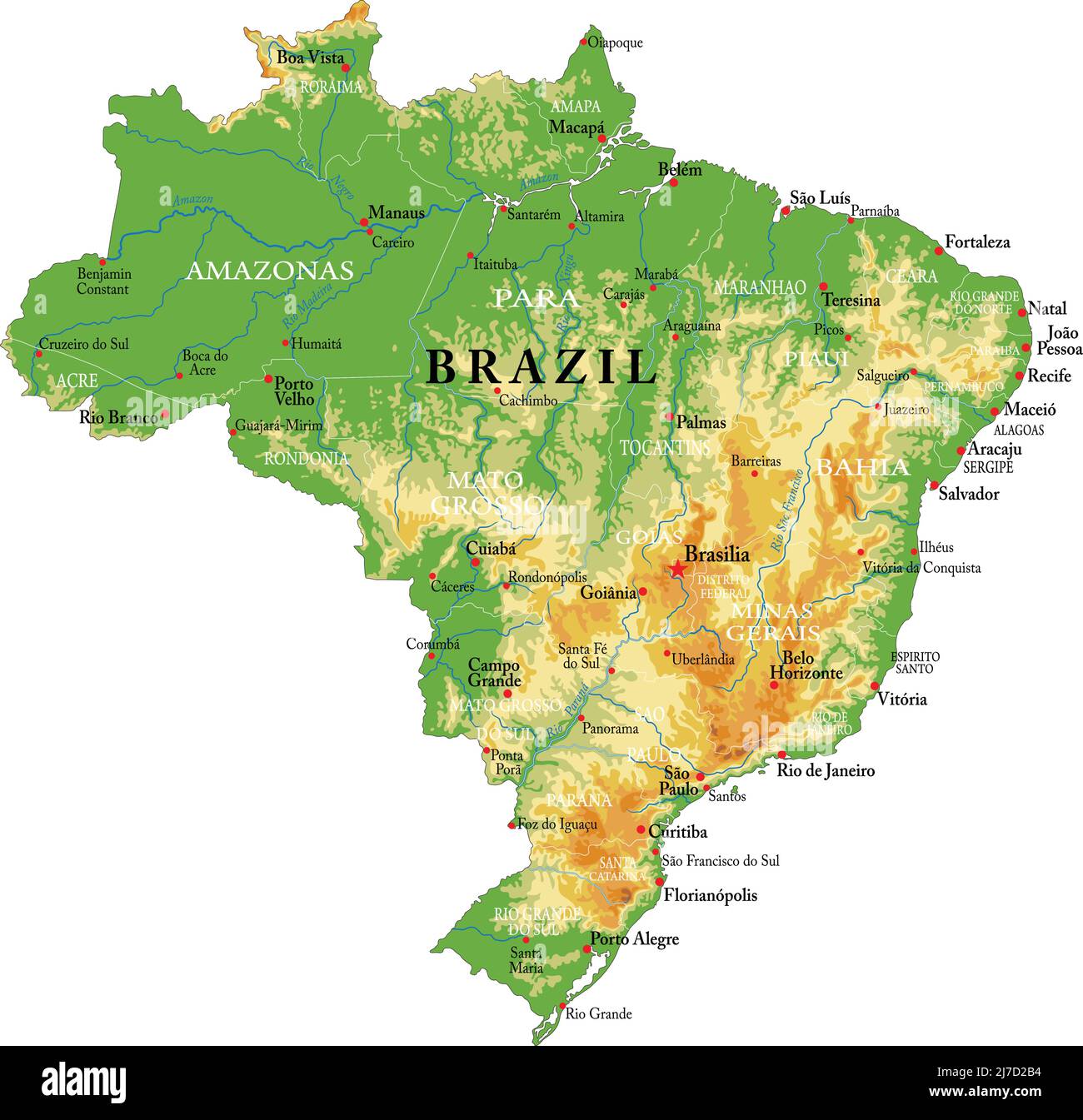 Mappa fisica molto dettagliata del Brasile, in formato vettoriale, con tutte le forme di rilievo, regioni e grandi città. Illustrazione Vettoriale