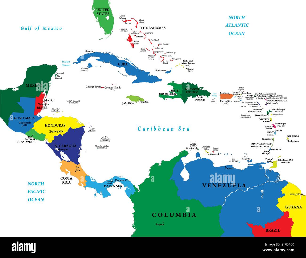 Mappa vettoriale molto dettagliata dell'area caraibica con tutti i paesi e le principali città. Illustrazione Vettoriale
