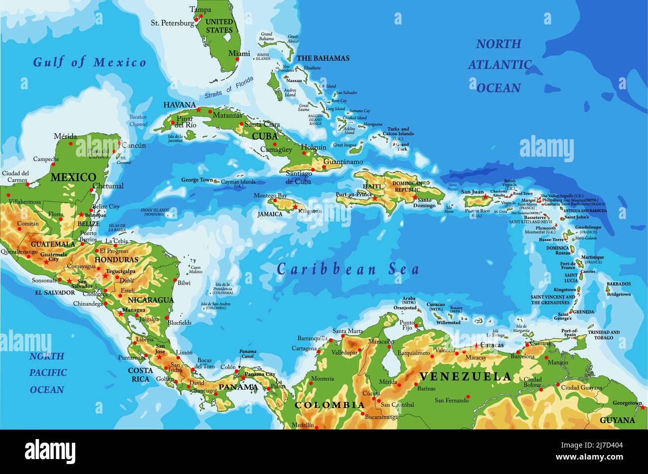 Mappa fisica molto dettagliata di America Centrale e Isole Caraibi, in formato vettoriale, con tutte le forme di rilievo, regioni e grandi città. Illustrazione Vettoriale