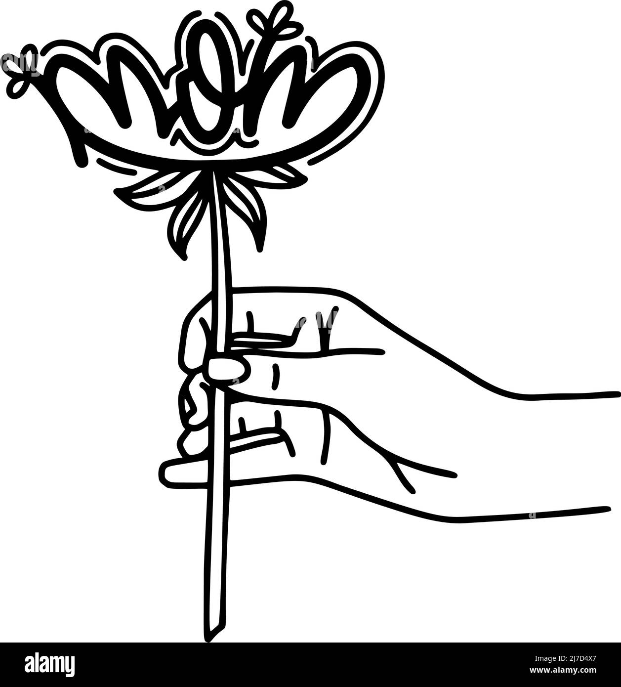 Disegno citazione mamma, mano con fiore di rosa. Disegno della cartolina del giorno della madre. Regalo per la madre. Illustrazione Vettoriale