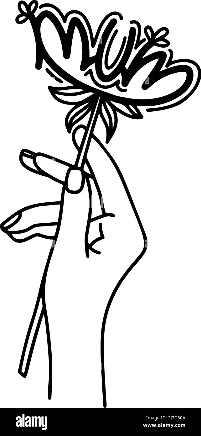 Disegno citazione mamma, mano con fiore di rosa. Disegno della cartolina del giorno della madre. Regalo per la madre. Illustrazione Vettoriale