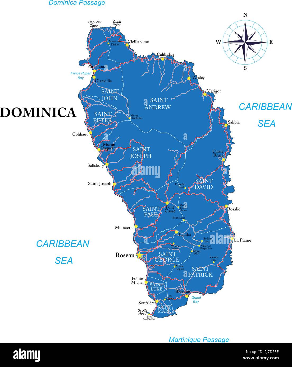 Mappa vettoriale molto dettagliata di Dominica con regioni amministrative, principali città e strade. Illustrazione Vettoriale