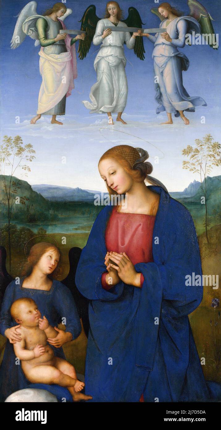 La Vergine col Bambino con Angelo di Pietro Perugino (Pietro Vannucci: c.1450-1523), olio con qualche tempera d'uovo su pioppo, c. 1496-1500 Foto Stock