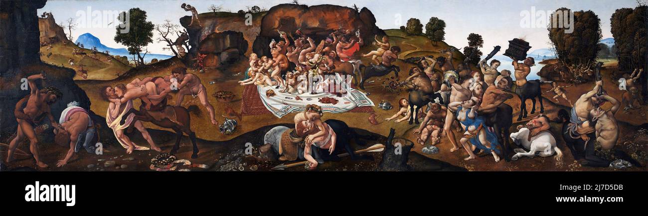 La lotta tra i Lapidi e i Centauri di Piero di Cosimo (1462-1522), olio su legno, c.. 1500-15 Foto Stock