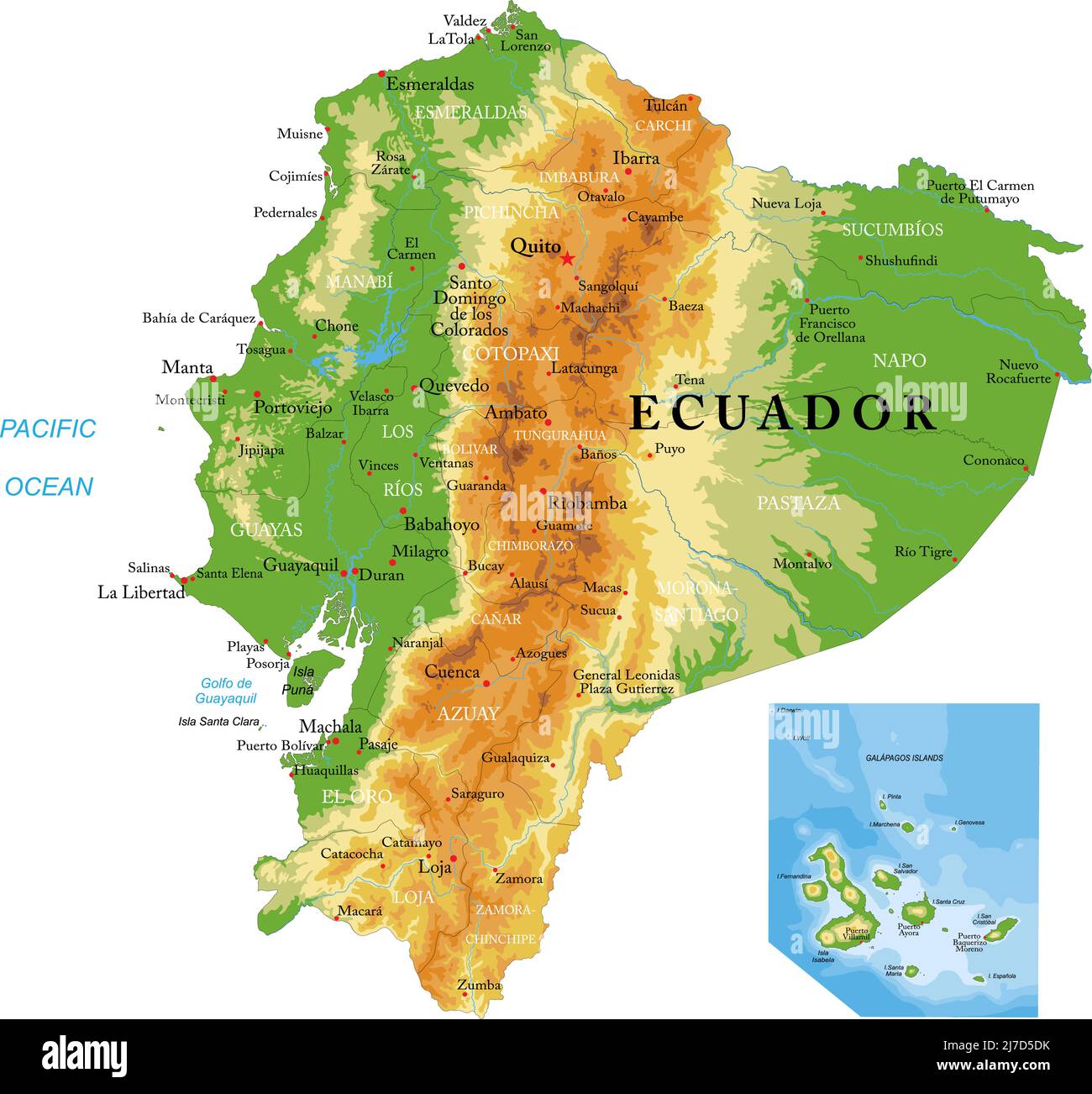 Mappa fisica molto dettagliata dell'Ecuador, in formato vettoriale, con tutte le forme di rilievo, regioni e grandi città. Illustrazione Vettoriale