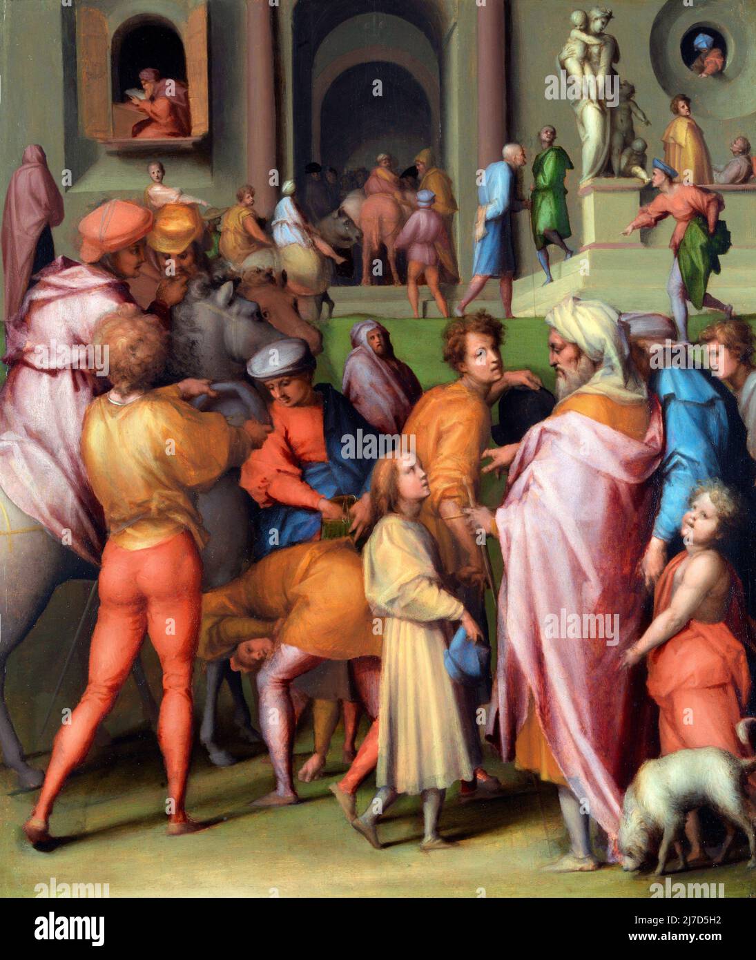 Giuseppe venduto a Potiphar da Pontormo (Jacopo Carucci: 1494-1557), olio su legno, c. 1515 Foto Stock
