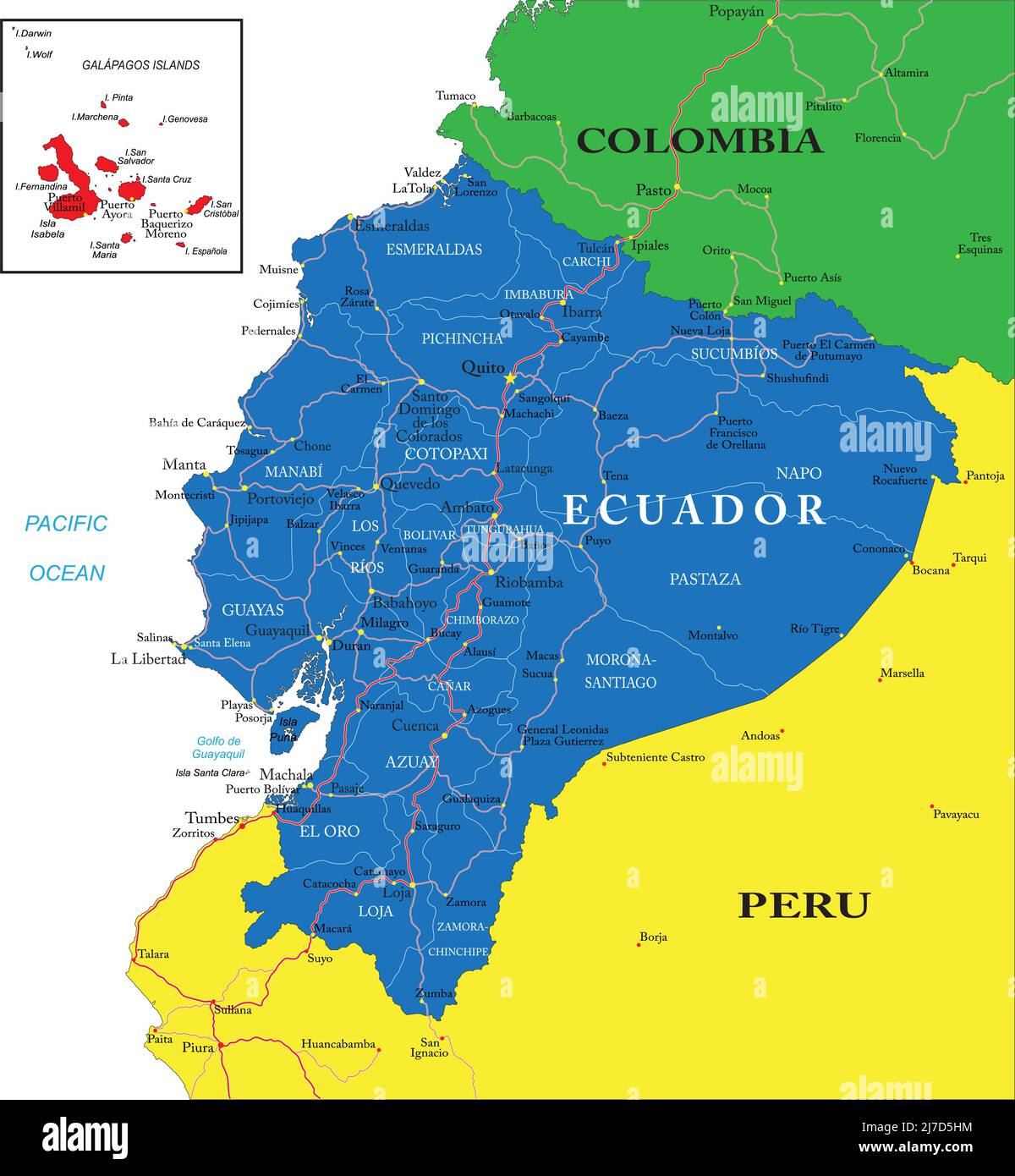 Mappa vettoriale molto dettagliata dell'Ecuador con regioni amministrative, principali città e strade. Illustrazione Vettoriale