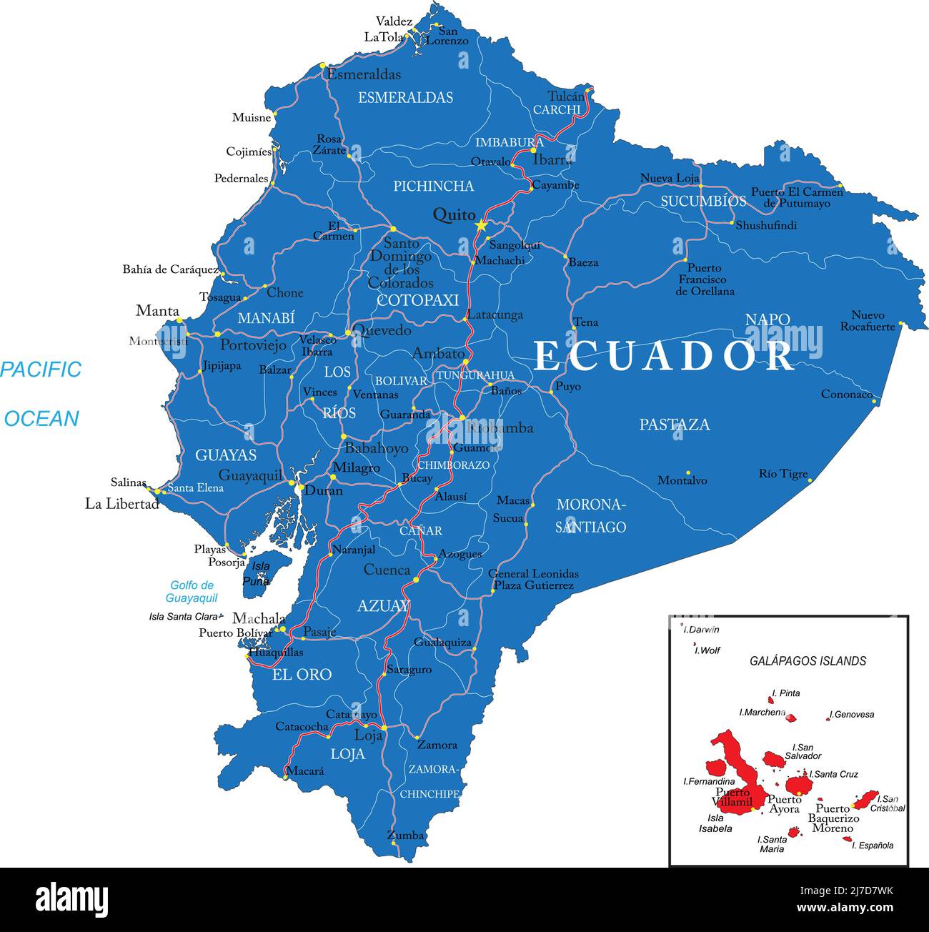 Mappa vettoriale molto dettagliata dell'Ecuador con regioni amministrative, principali città e strade. Illustrazione Vettoriale