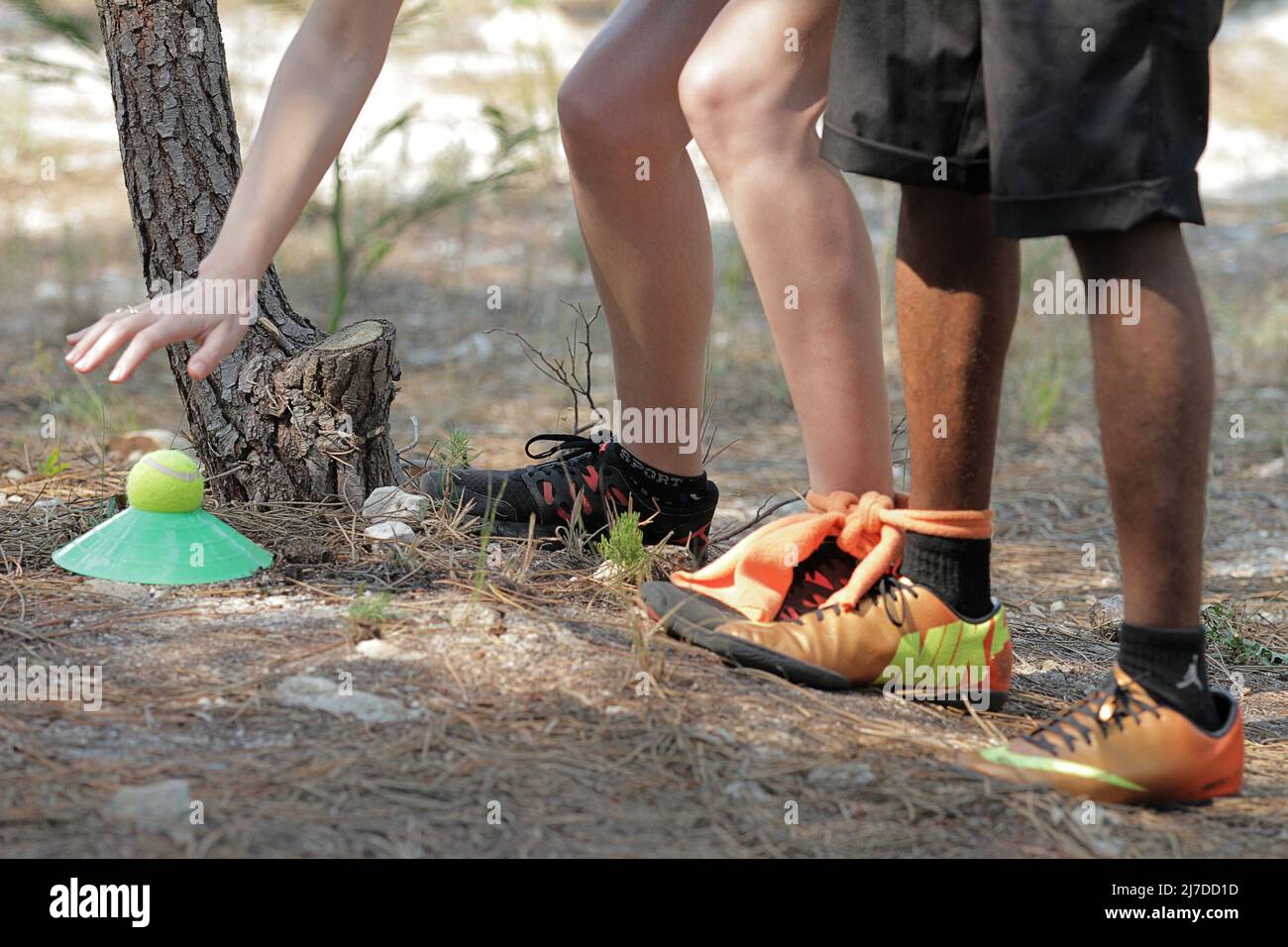 Teamwork in Motion: Sfida a tre zampe al Mizpah Youth Camp Foto Stock