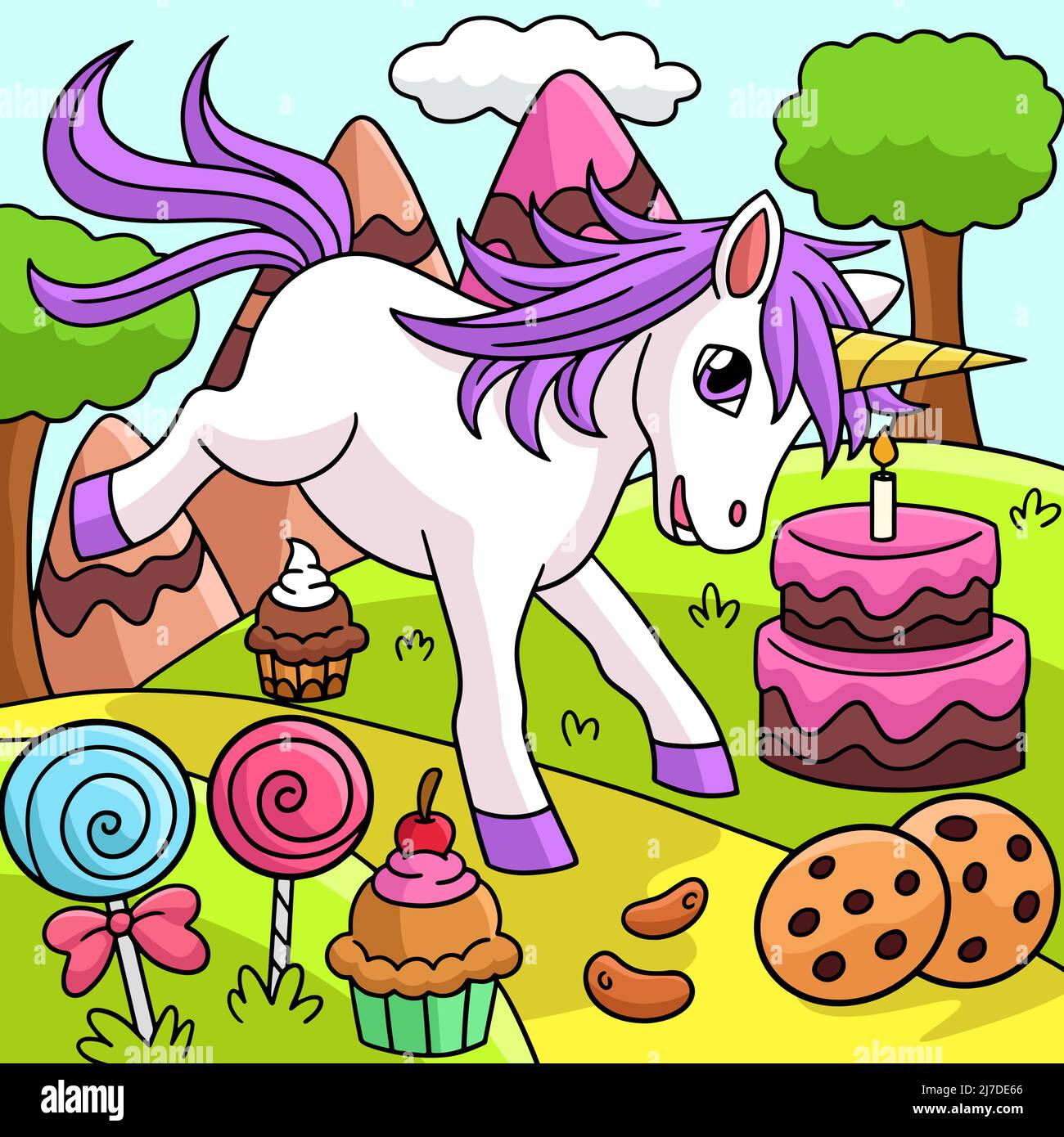 Unicorn in Candy Land Coloured Cartoon Illustration Illustrazione Vettoriale