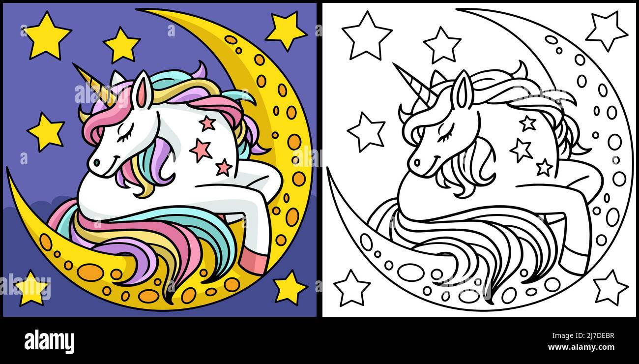 Unicorno che dorme sopra la Luna Illustrazione Illustrazione Vettoriale