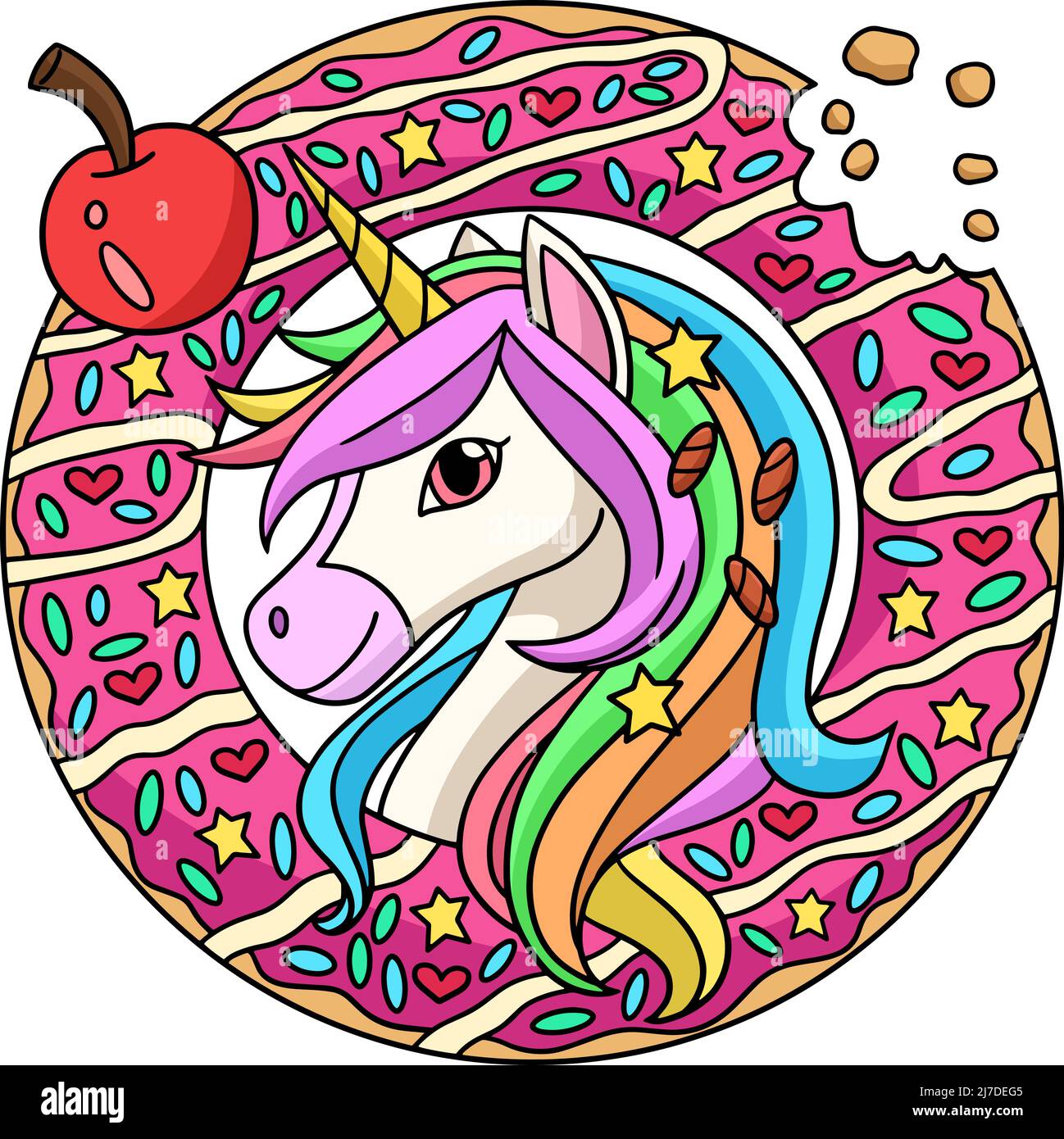 Unicorn Head in una Clipart colorata di cartoon Donut Illustrazione Vettoriale