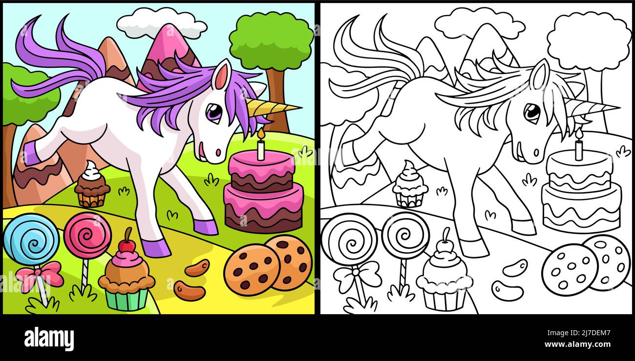 Unicorn in Candy Land colorazione pagina Illustrazione Illustrazione Vettoriale