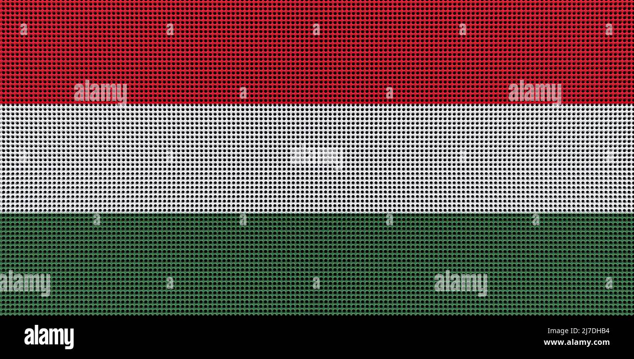 Bandiera ungherese, colori dipinti su una lastra di metallo spazzolato primo piano. Banner testurizzato su sfondo perforato. Primo piano su sfondo metallico Foto Stock