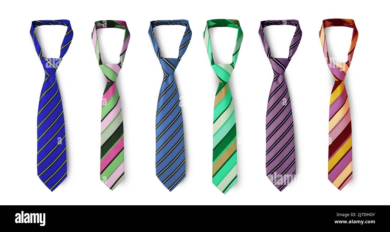 Cravatte a righe in diversi colori, cravatte a righe da uomo. Isolato su sfondo bianco Foto Stock