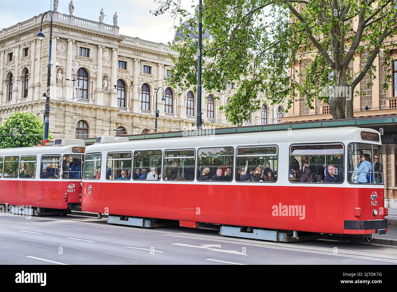 tram rosso turistico vecchio stile nel centro di vienna Foto Stock