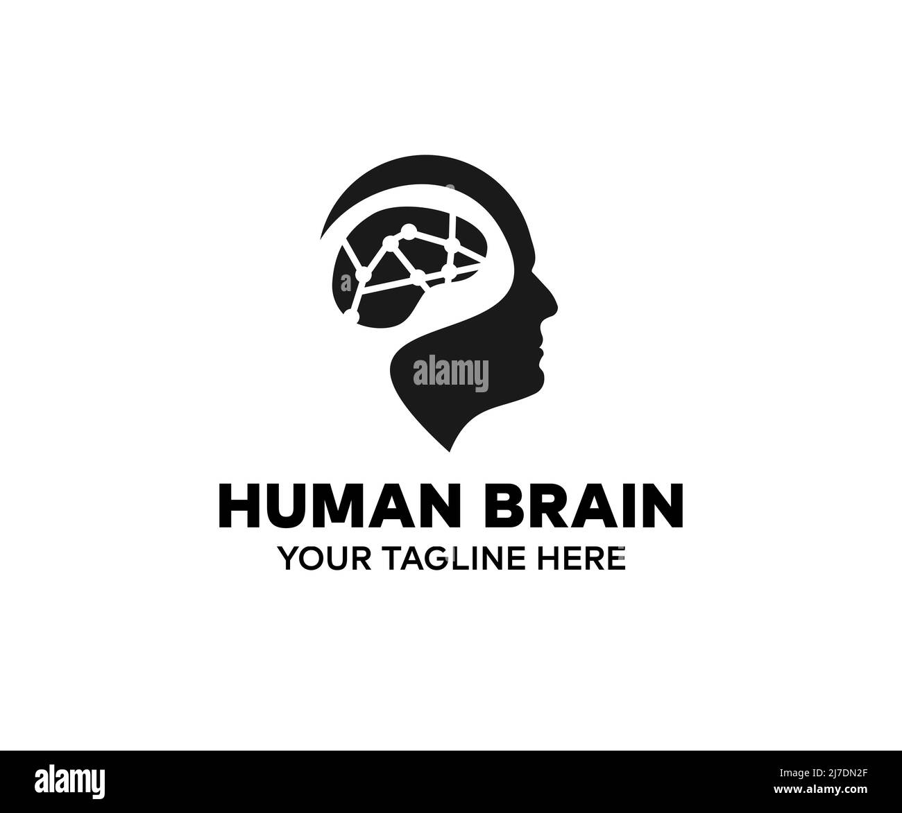 Cervello umano, anatomia, logo anatomico. Emisferi cerebrali, connessioni cerebrali esterne nel lobo frontale. Comunicazione, psicologia. Illustrazione Vettoriale
