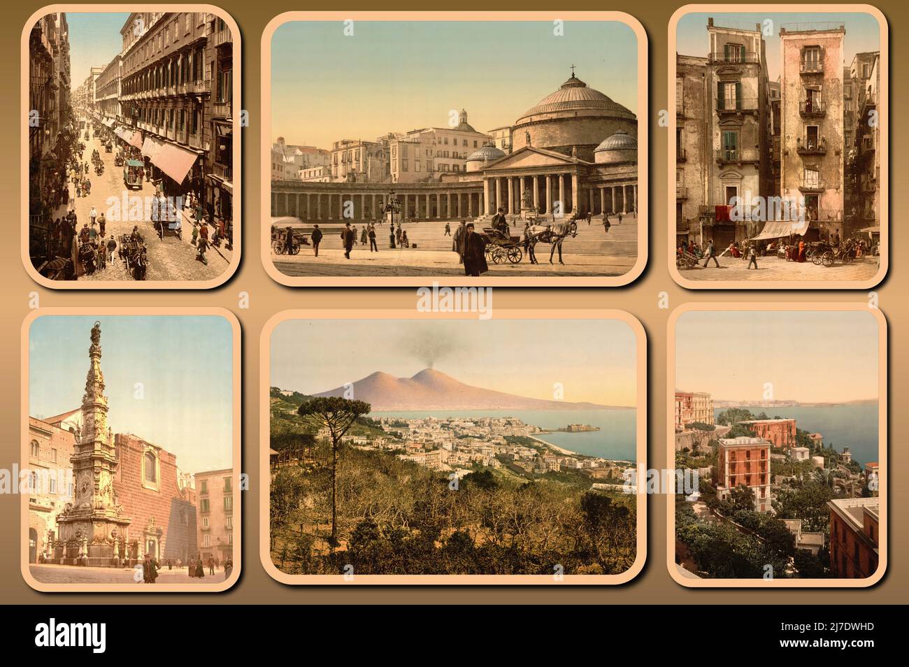 Cartolina di Napoli e dei suoi luoghi più famosi risalenti alla metà ...