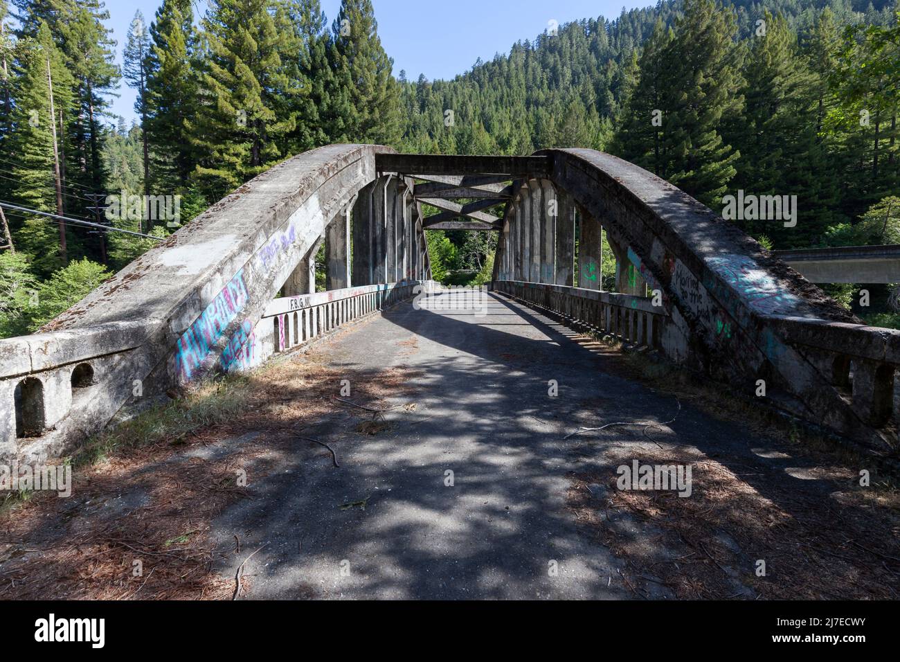 Abbandonato ponte ad arco legato lungo l'autostrada statale 36 sul fiume Van Duzen nella California settentrionale. Foto Stock