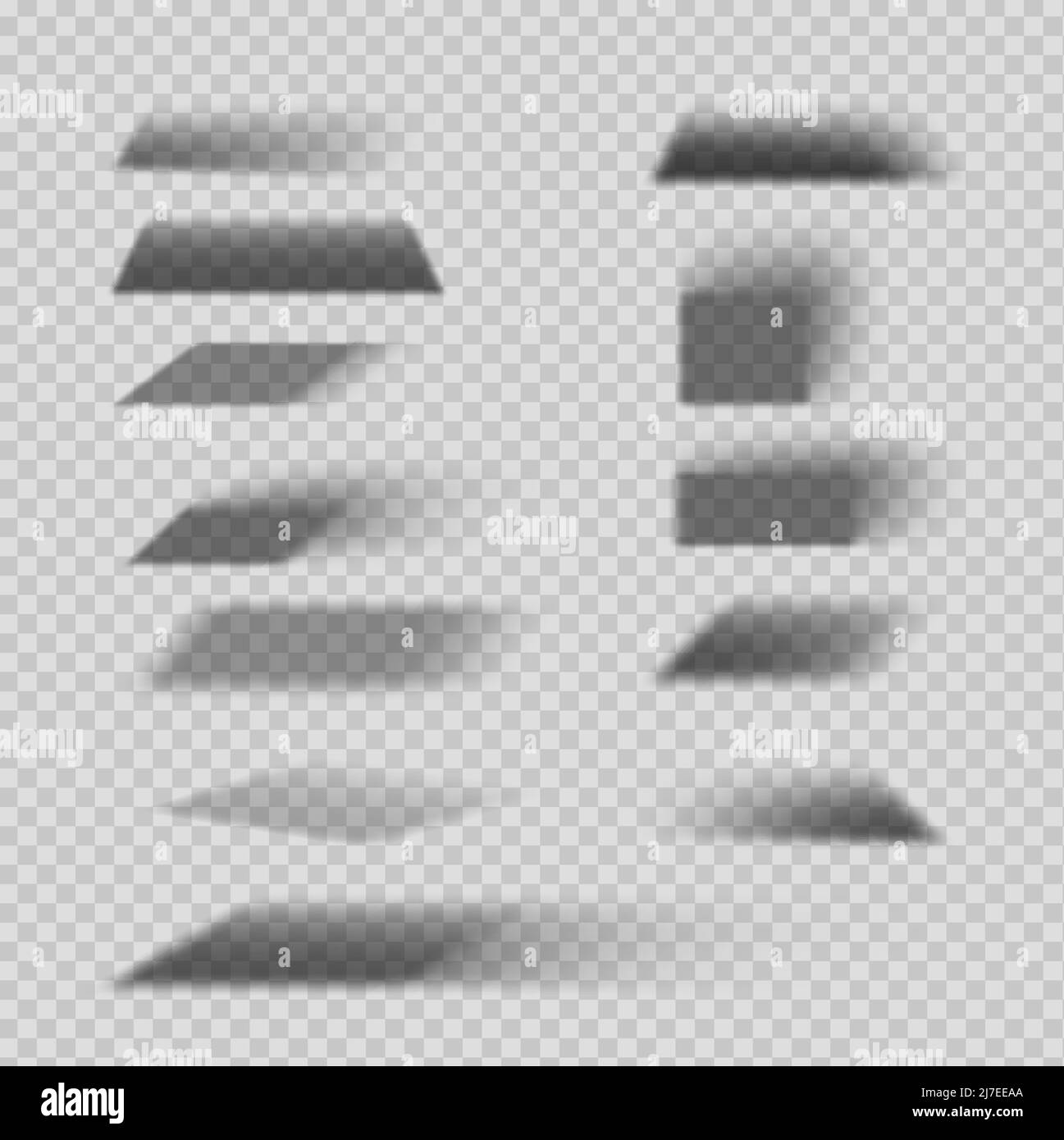 Effetti di ombreggiatura quadrati e rettangolari. Sovrapposizione realistica e set vettoriale di ombre trasparenti, sfumature che cadono dagli oggetti sul pavimento con bordi neri tenui e angoli scuri, sfondo trasparente Illustrazione Vettoriale